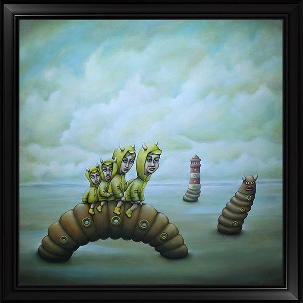 PETER SCHUMACHER KOMISCHE BILDER | Wattwurmreiter | Öl auf Holz | 60 x 60 cm